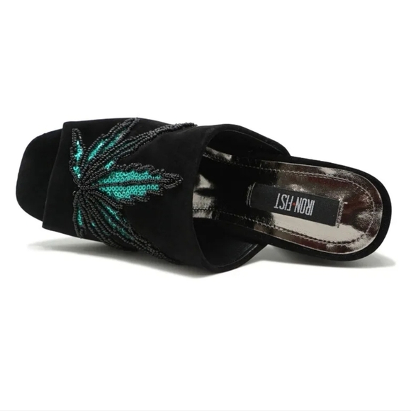 IRON FIST ✦ Mary Jane Block Heel Mules ✦ Green Black Vegan Velvet Weed Leaf - Picture 5 of 9
